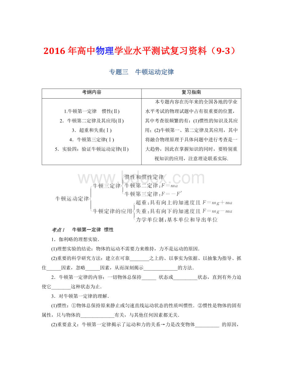 高中物理学业水平测试复习资料专题牛顿运动定律文档格式.doc