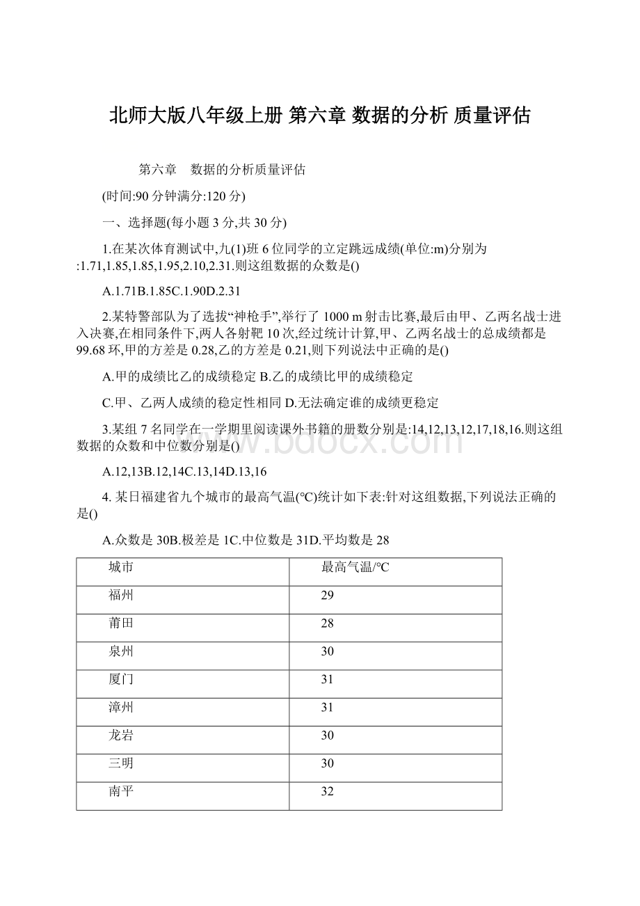 北师大版八年级上册 第六章 数据的分析 质量评估Word文档格式.docx