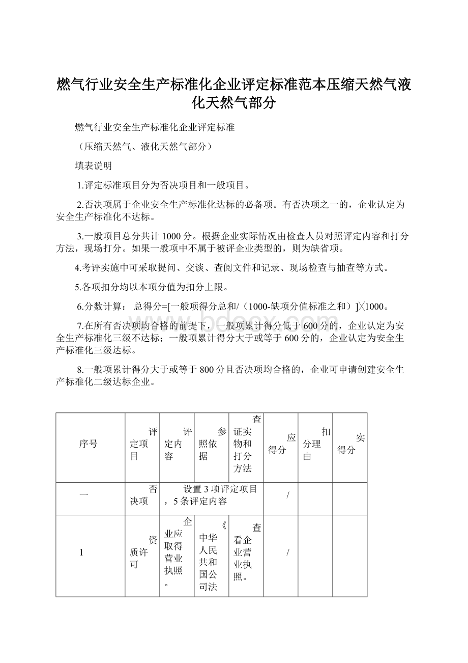 燃气行业安全生产标准化企业评定标准范本压缩天然气液化天然气部分.docx_第1页