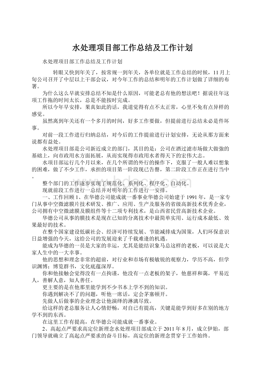 水处理项目部工作总结及工作计划Word文档下载推荐.docx_第1页