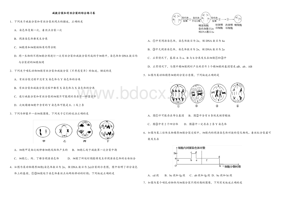 高考生物专题复习练习卷减数分裂和有丝分裂的综合练习卷Word格式文档下载.docx