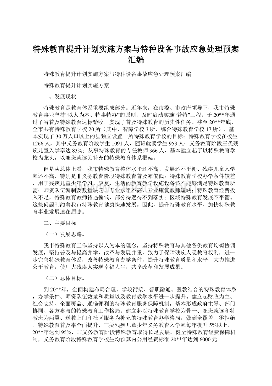 特殊教育提升计划实施方案与特种设备事故应急处理预案汇编Word文件下载.docx