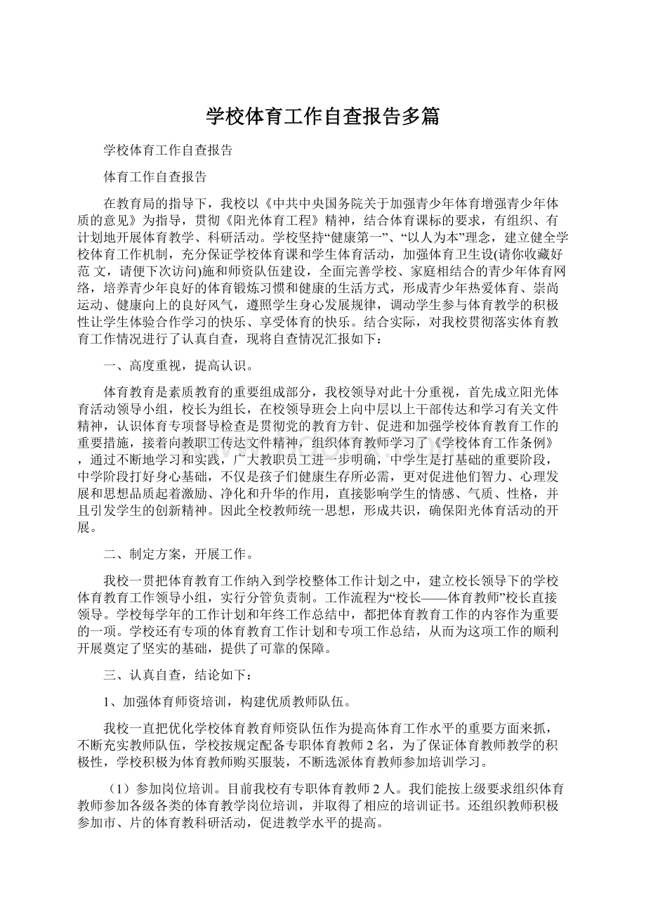 学校体育工作自查报告多篇Word文档格式.docx