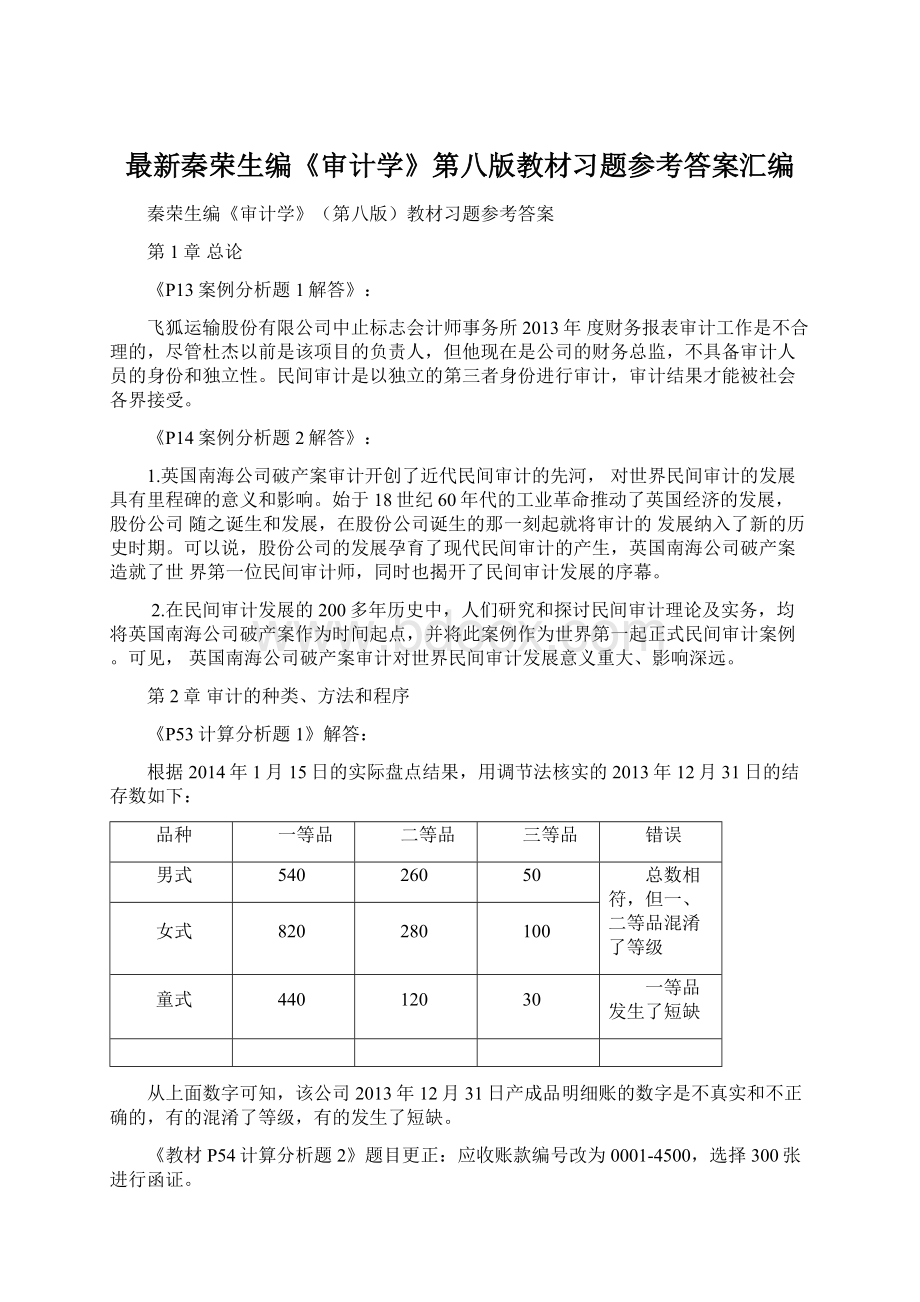 最新秦荣生编《审计学》第八版教材习题参考答案汇编Word格式.docx_第1页