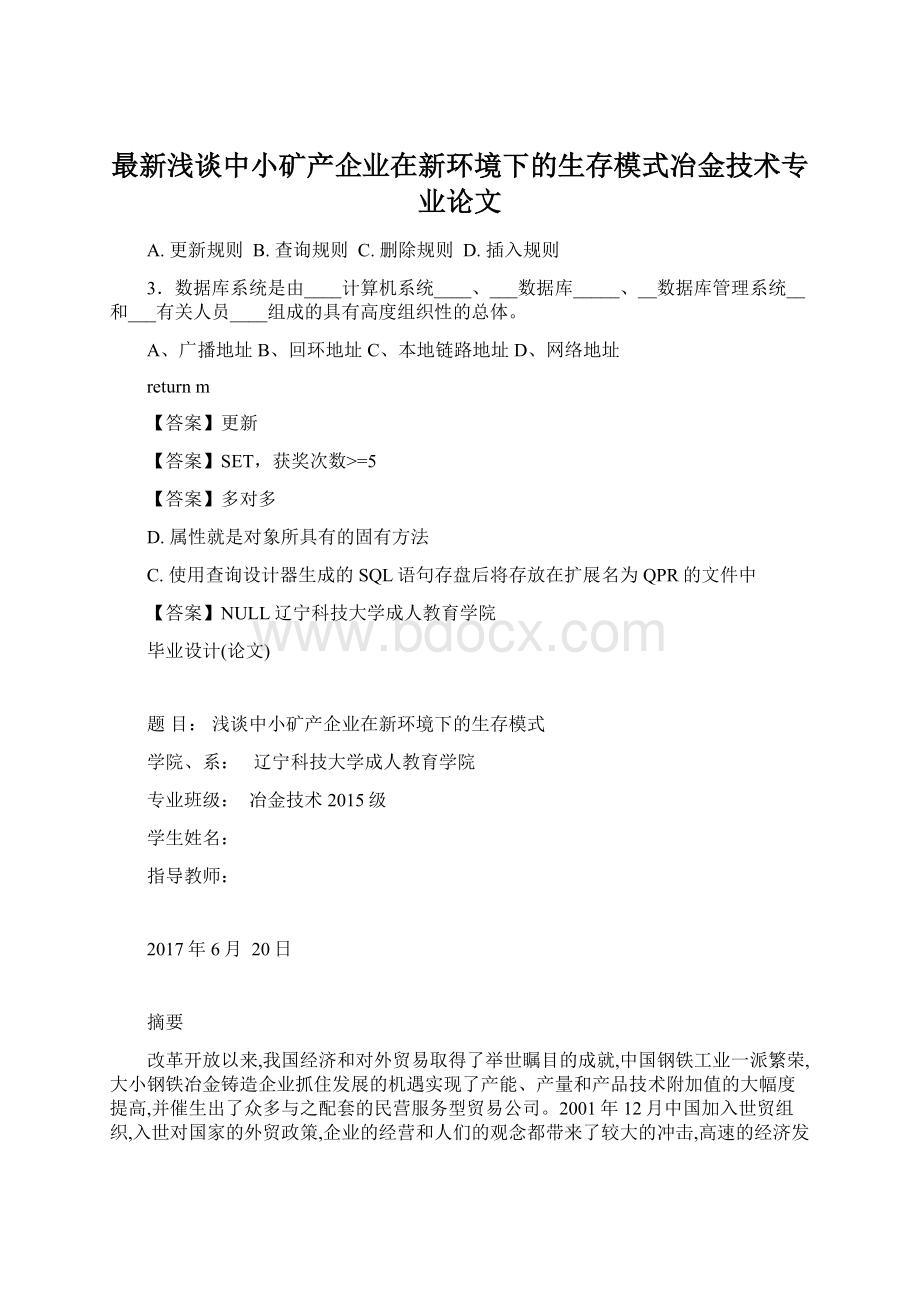 最新浅谈中小矿产企业在新环境下的生存模式冶金技术专业论文文档格式.docx