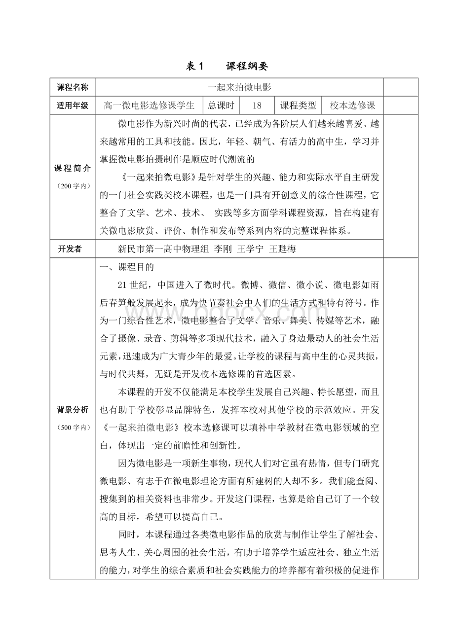 辽宁省新民市第一高级中学高一微电影选修《一起来拍微电影》课程纲要Word下载.doc_第1页