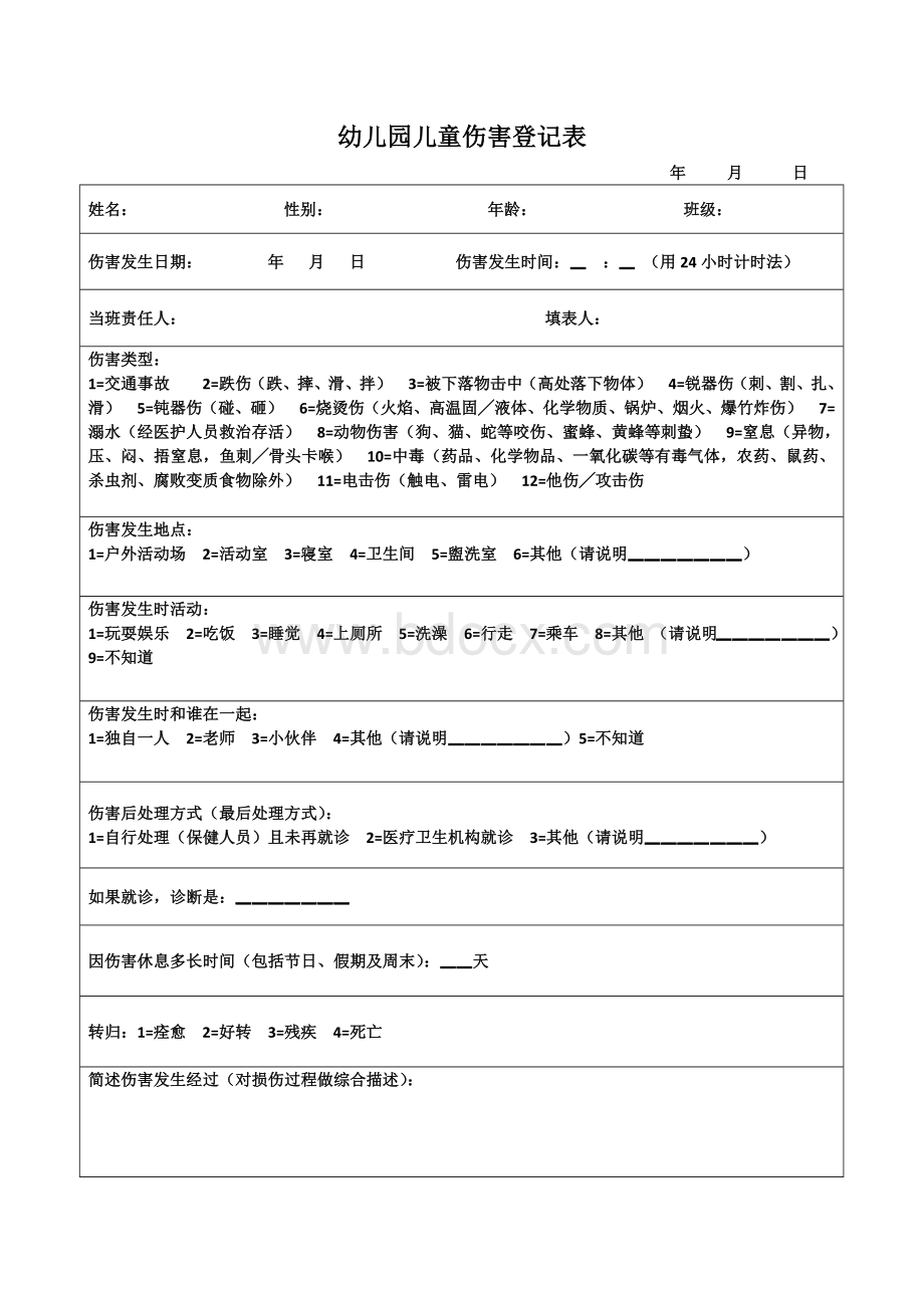 幼儿园儿童伤害登记表.docx