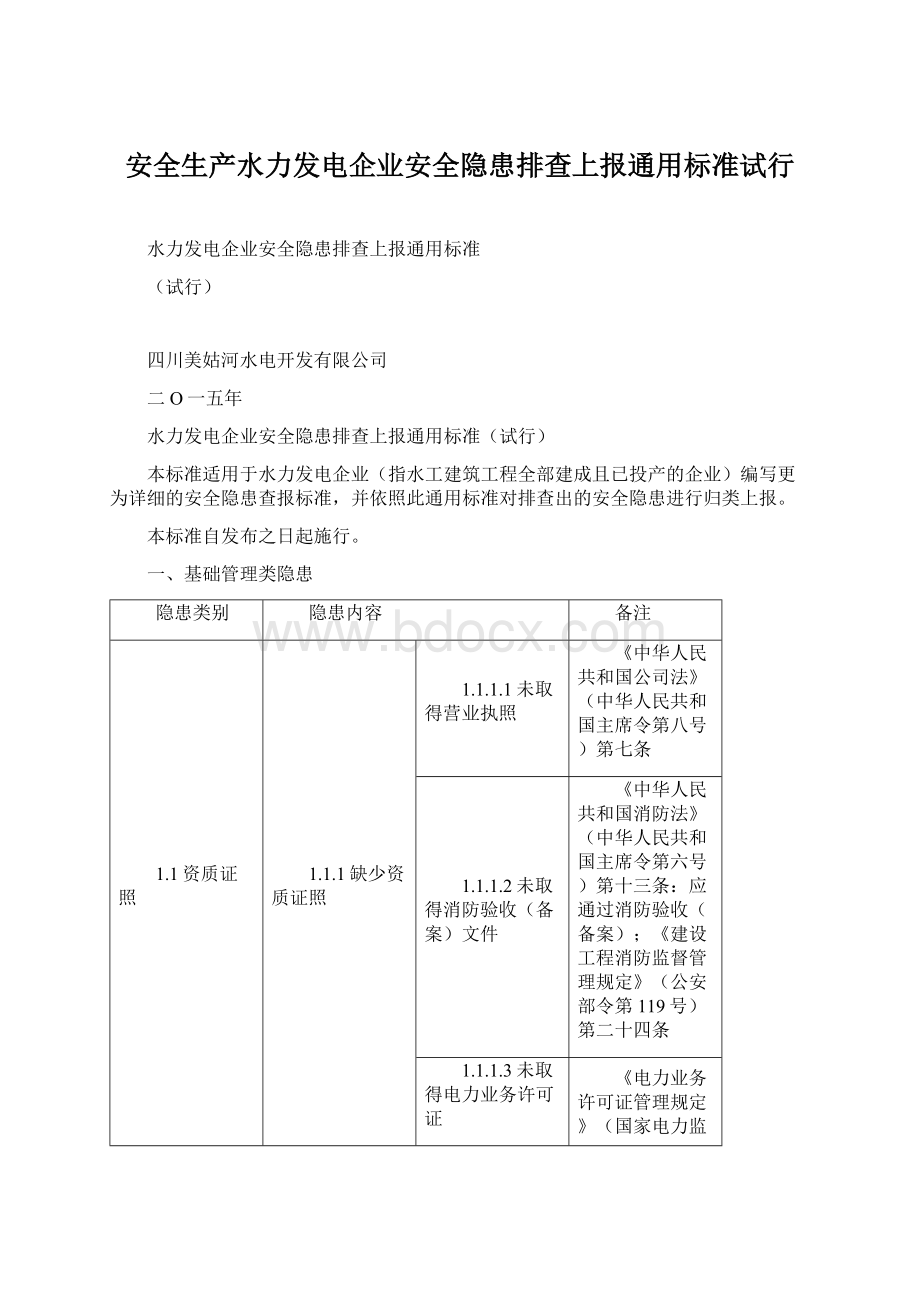 安全生产水力发电企业安全隐患排查上报通用标准试行.docx_第1页