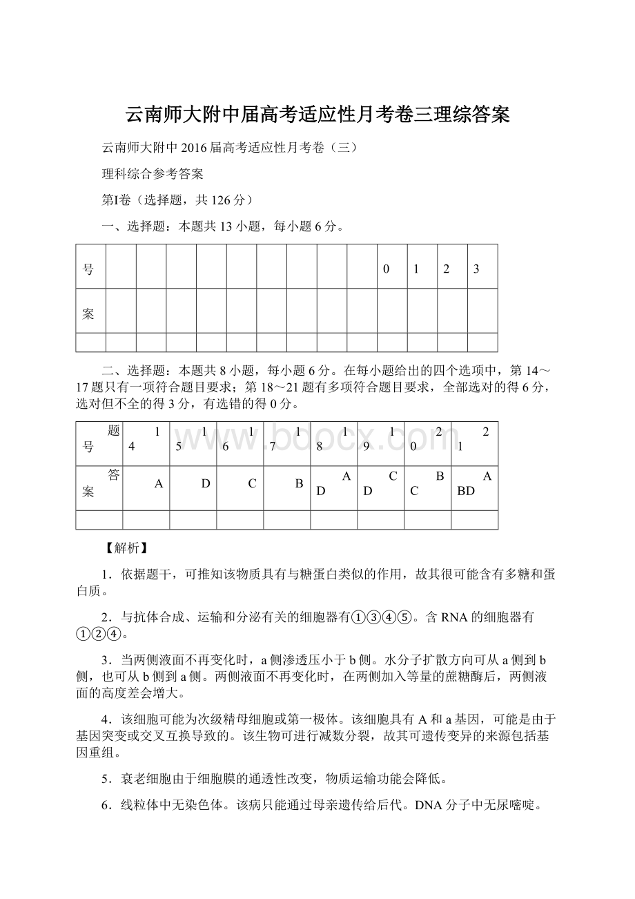 云南师大附中届高考适应性月考卷三理综答案.docx