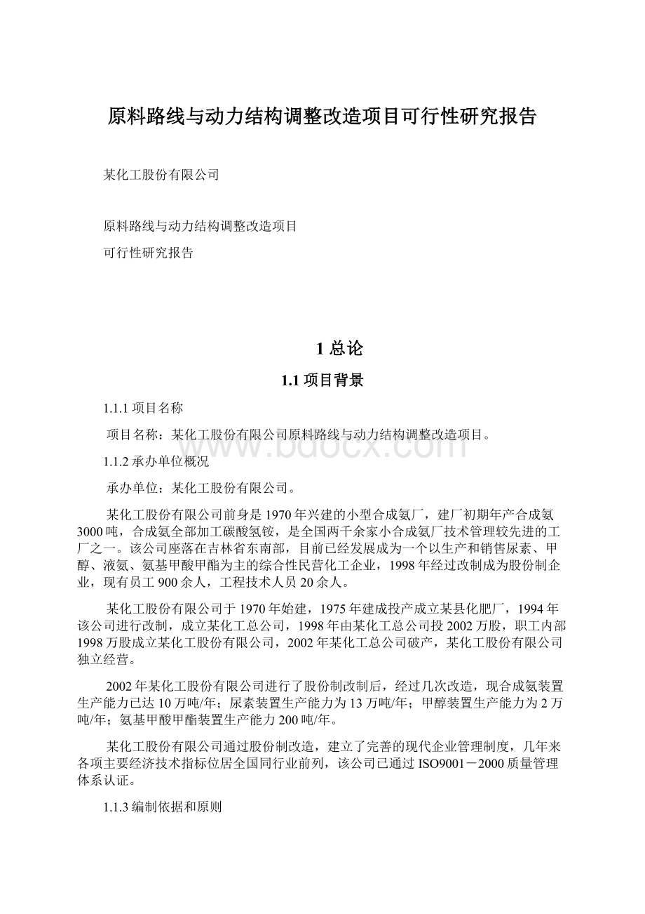 原料路线与动力结构调整改造项目可行性研究报告Word文档下载推荐.docx