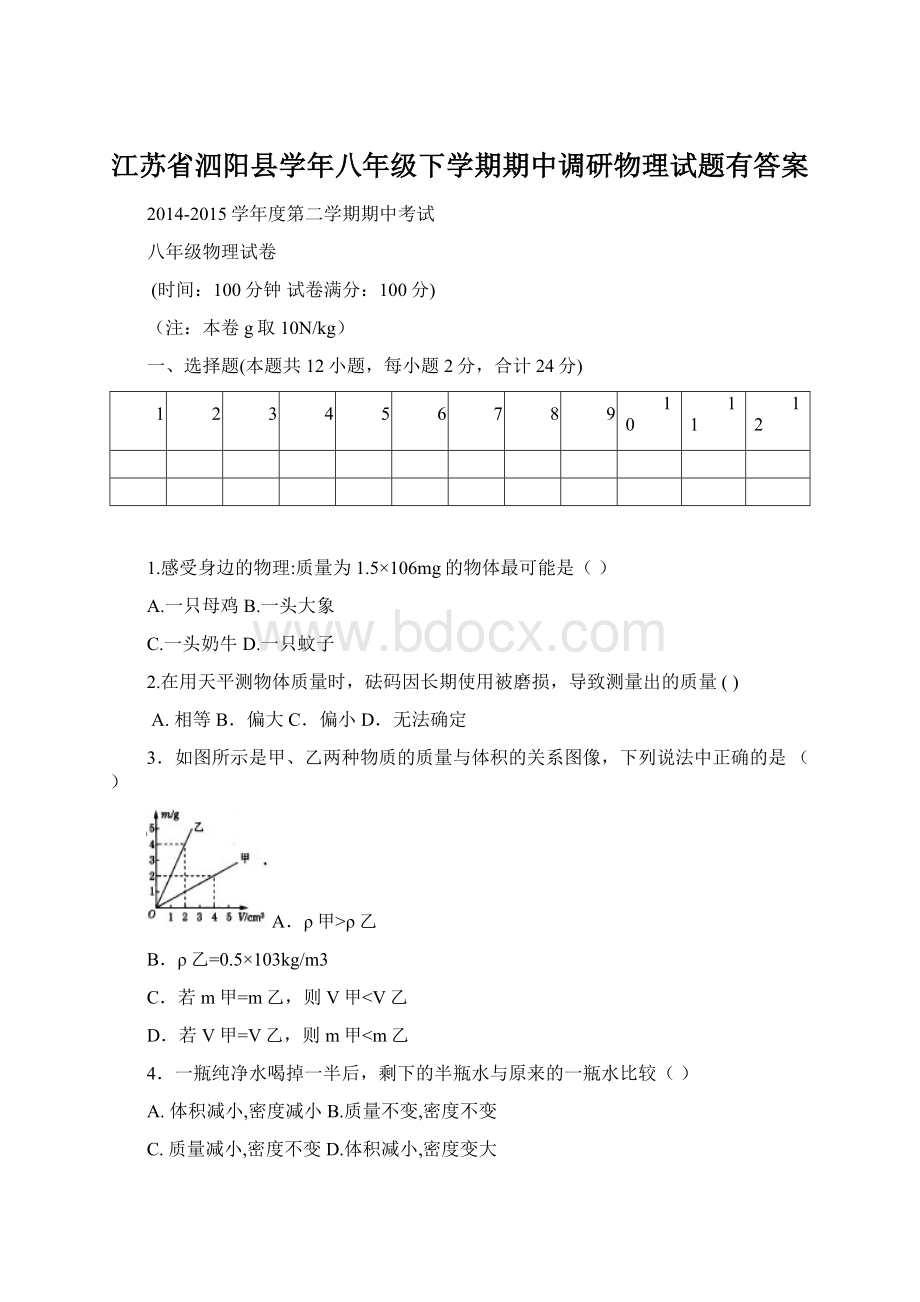 江苏省泗阳县学年八年级下学期期中调研物理试题有答案Word文件下载.docx