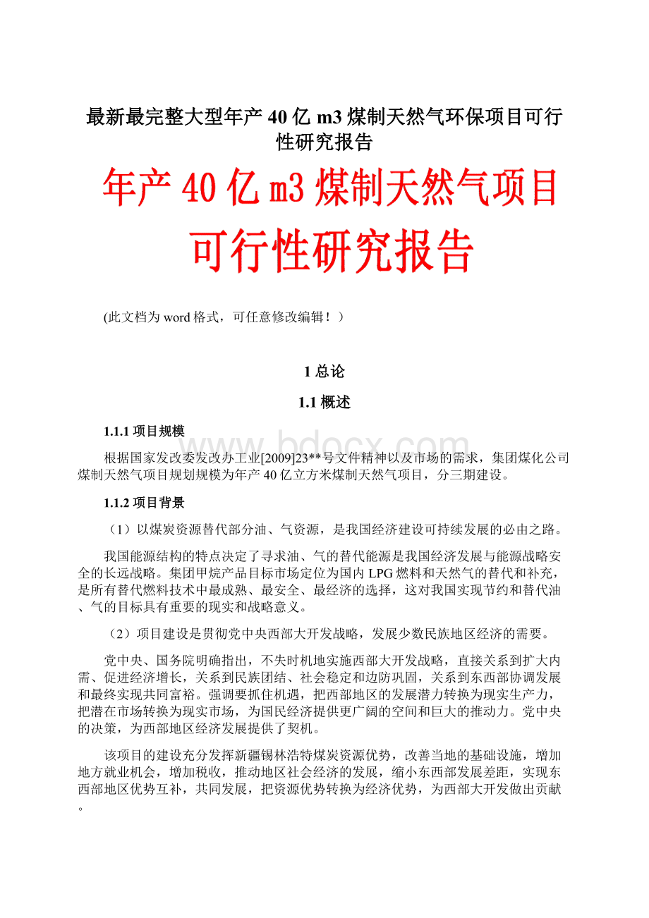 最新最完整大型年产40亿m3煤制天然气环保项目可行性研究报告Word格式.docx_第1页