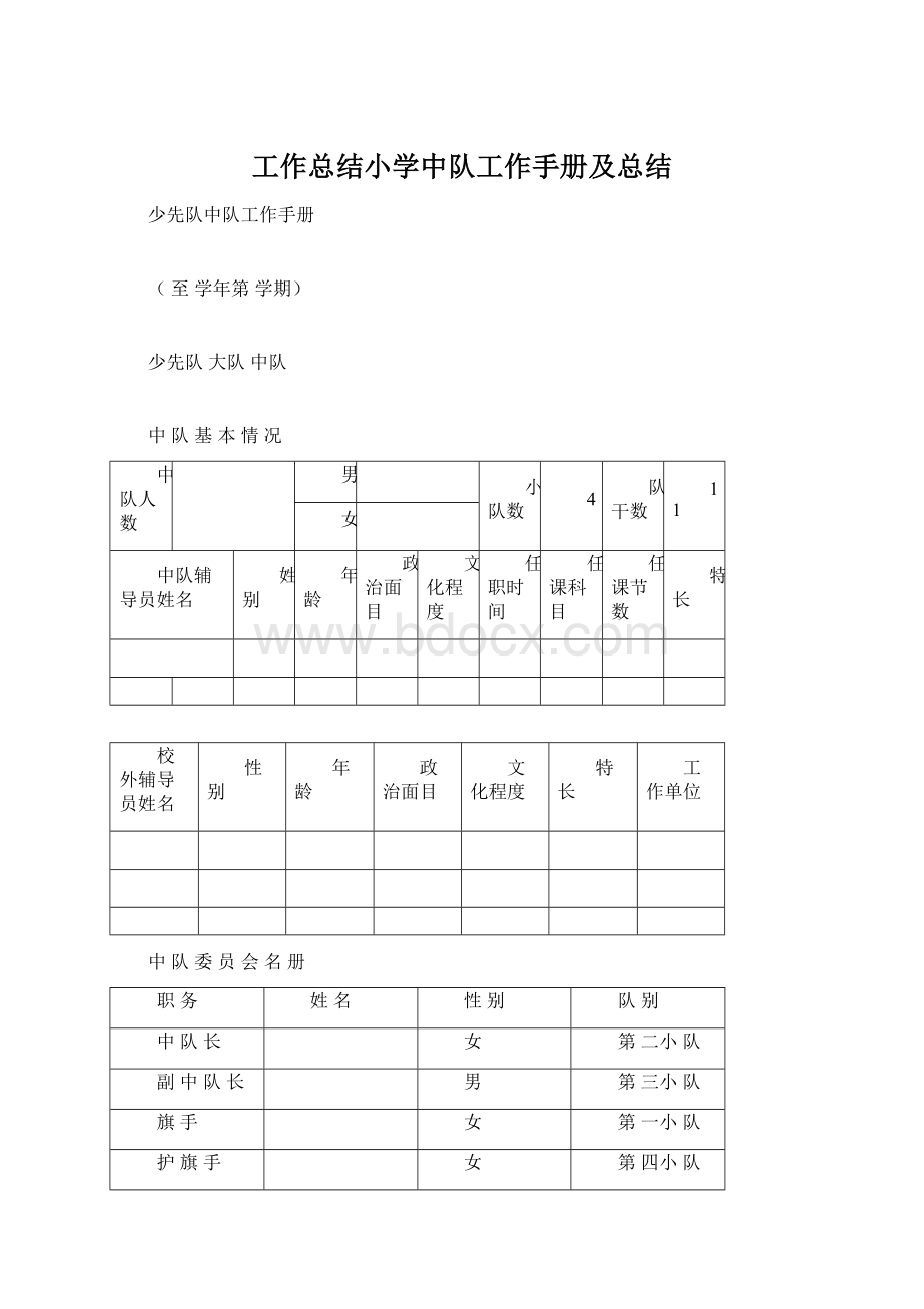 工作总结小学中队工作手册及总结Word下载.docx_第1页