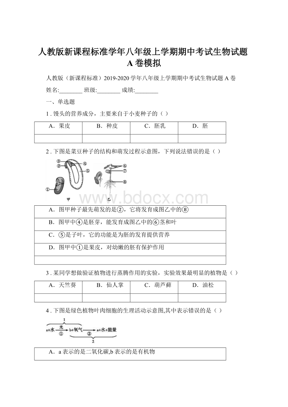 人教版新课程标准学年八年级上学期期中考试生物试题A卷模拟.docx