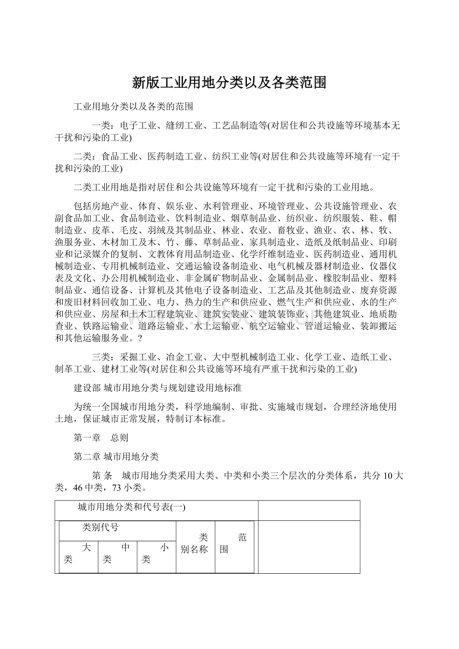 新版工业用地分类以及各类范围Word格式.docx_第1页