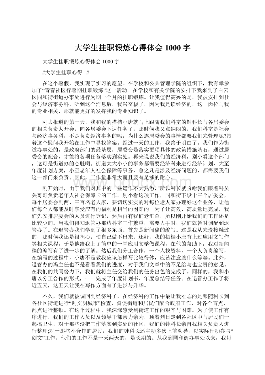 大学生挂职锻炼心得体会1000字.docx