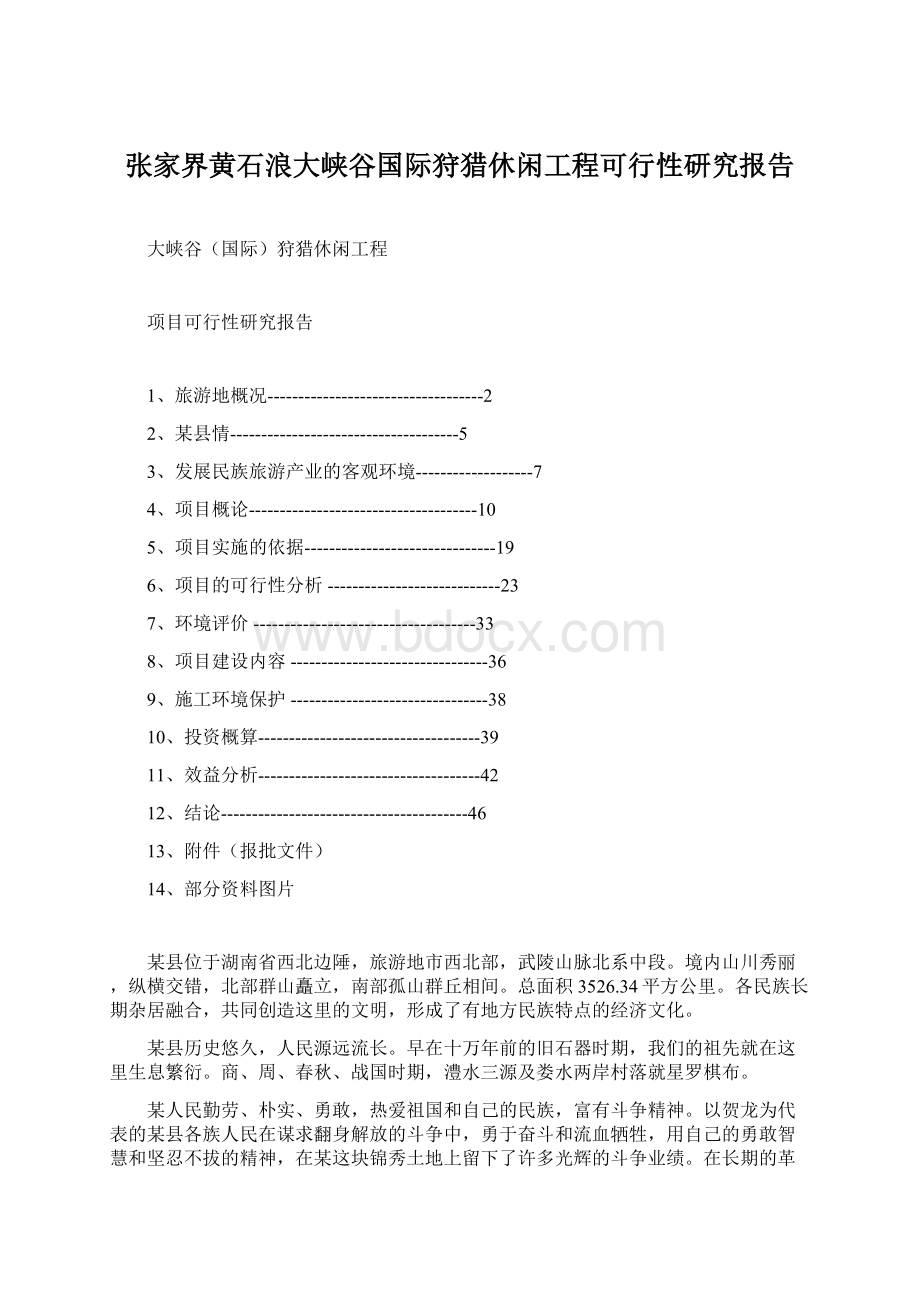 张家界黄石浪大峡谷国际狩猎休闲工程可行性研究报告Word下载.docx_第1页