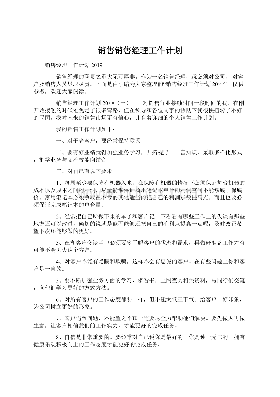 销售销售经理工作计划文档格式.docx