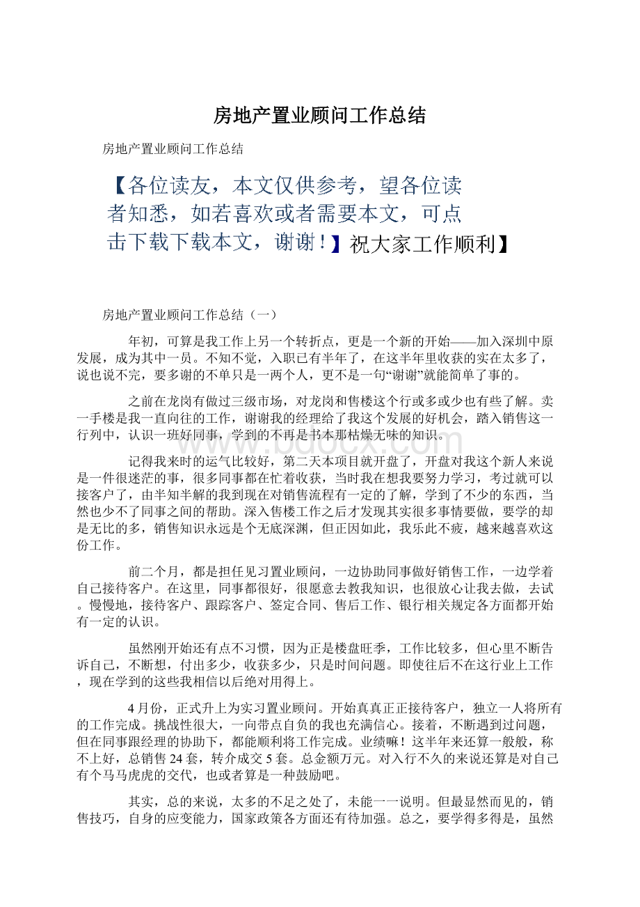 房地产置业顾问工作总结Word下载.docx