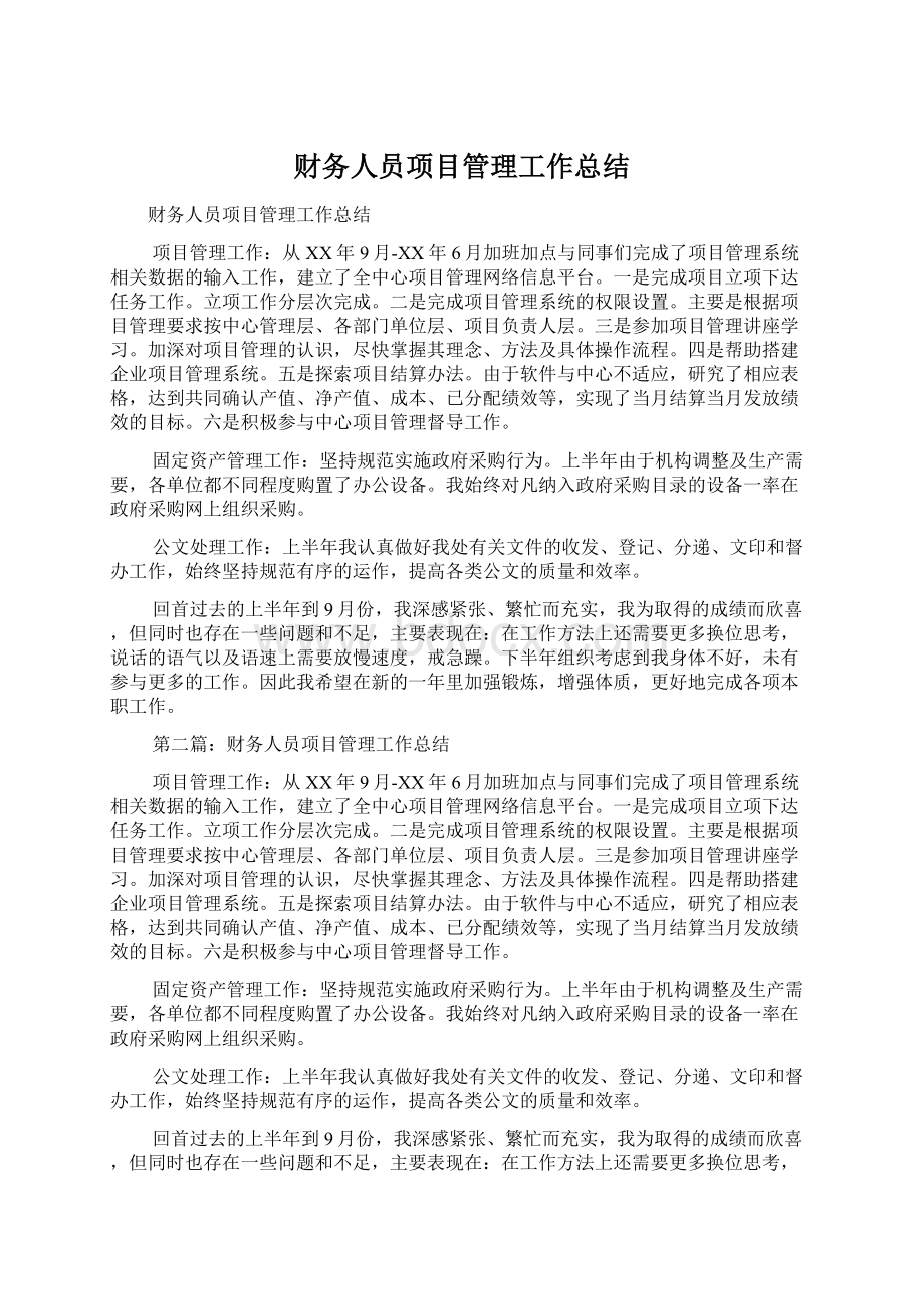 财务人员项目管理工作总结文档格式.docx