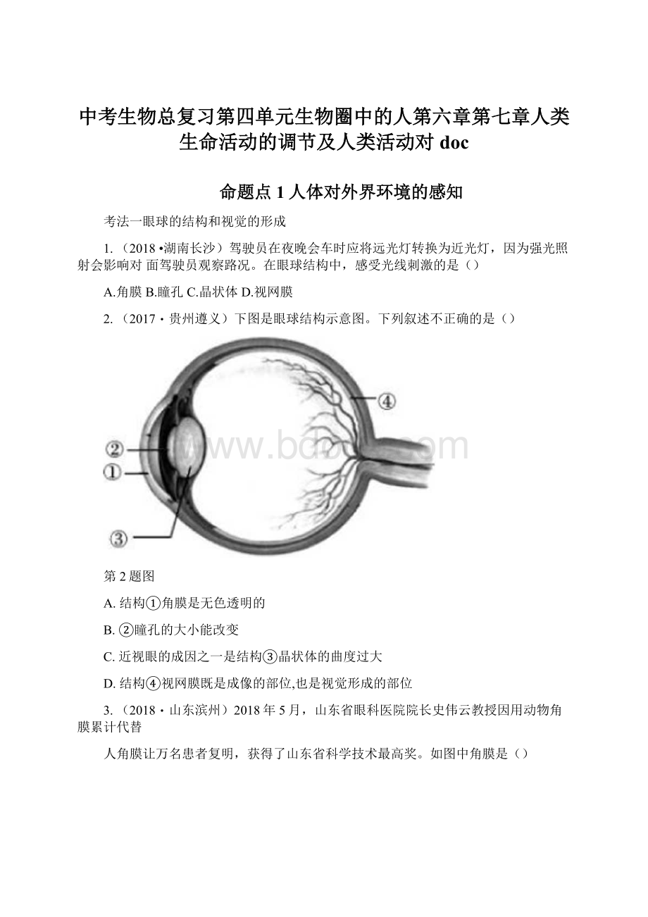 中考生物总复习第四单元生物圈中的人第六章第七章人类生命活动的调节及人类活动对docWord文档格式.docx_第1页