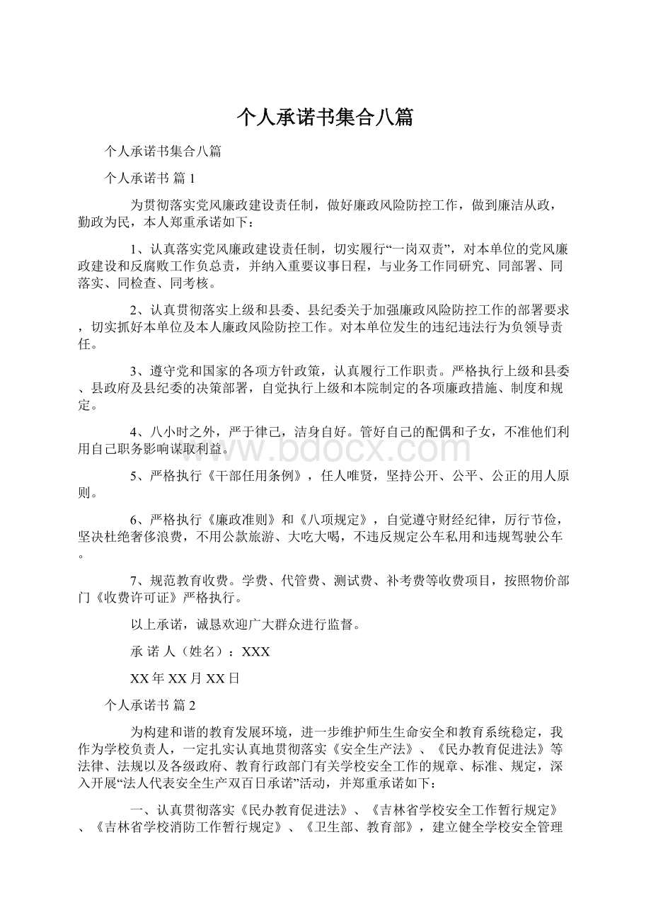 个人承诺书集合八篇Word文档格式.docx