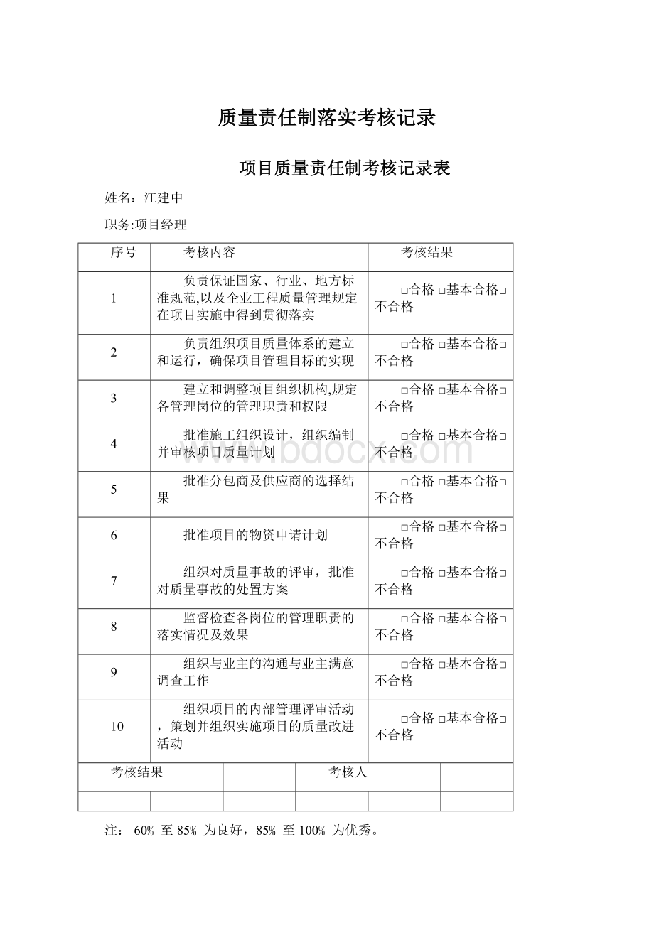 质量责任制落实考核记录Word格式文档下载.docx