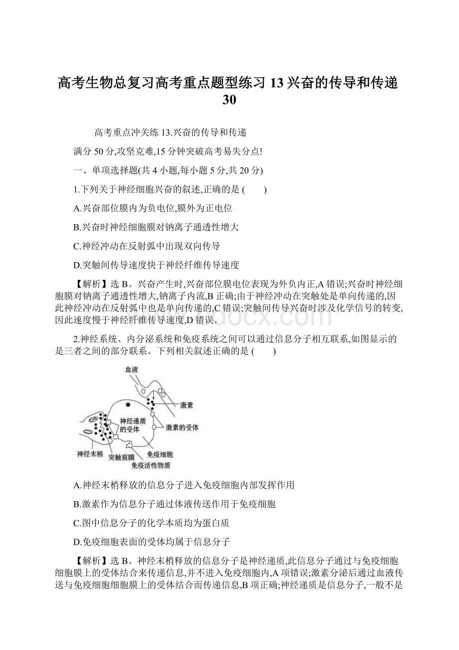 高考生物总复习高考重点题型练习13兴奋的传导和传递30.docx_第1页