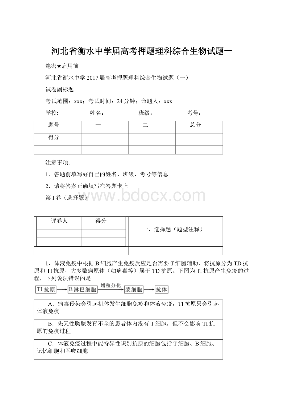 河北省衡水中学届高考押题理科综合生物试题一.docx