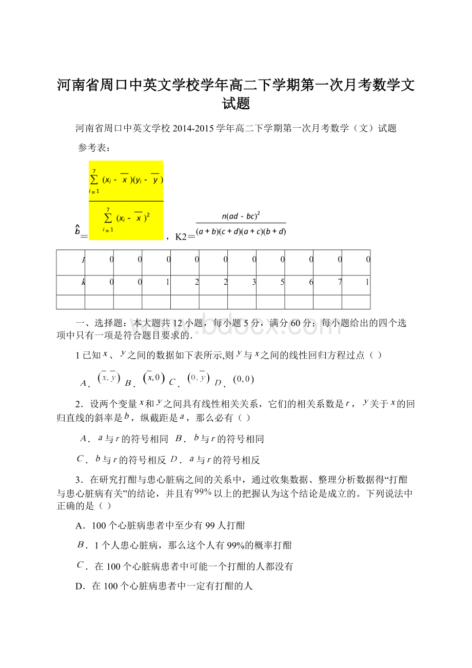 河南省周口中英文学校学年高二下学期第一次月考数学文试题.docx