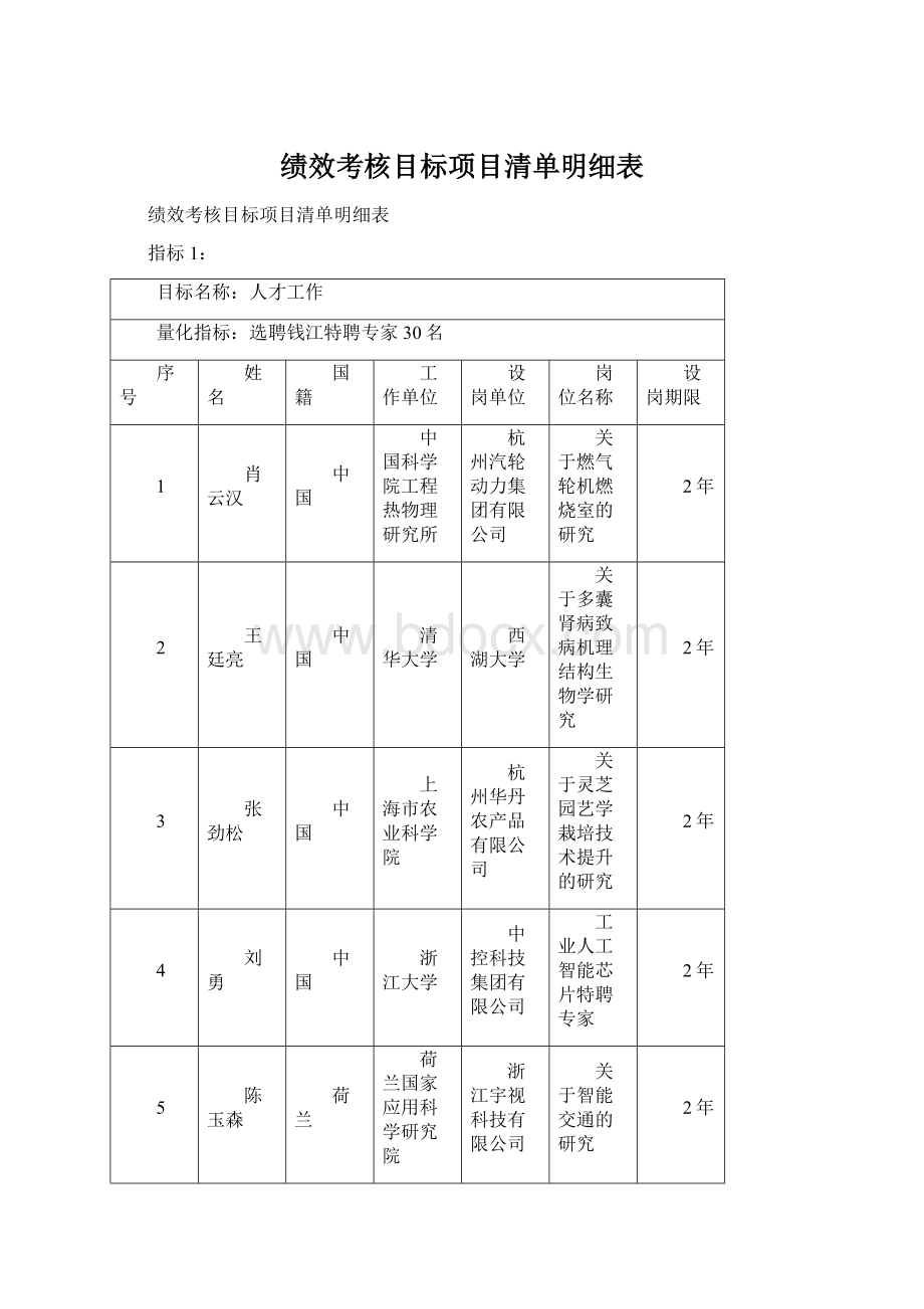 绩效考核目标项目清单明细表文档格式.docx