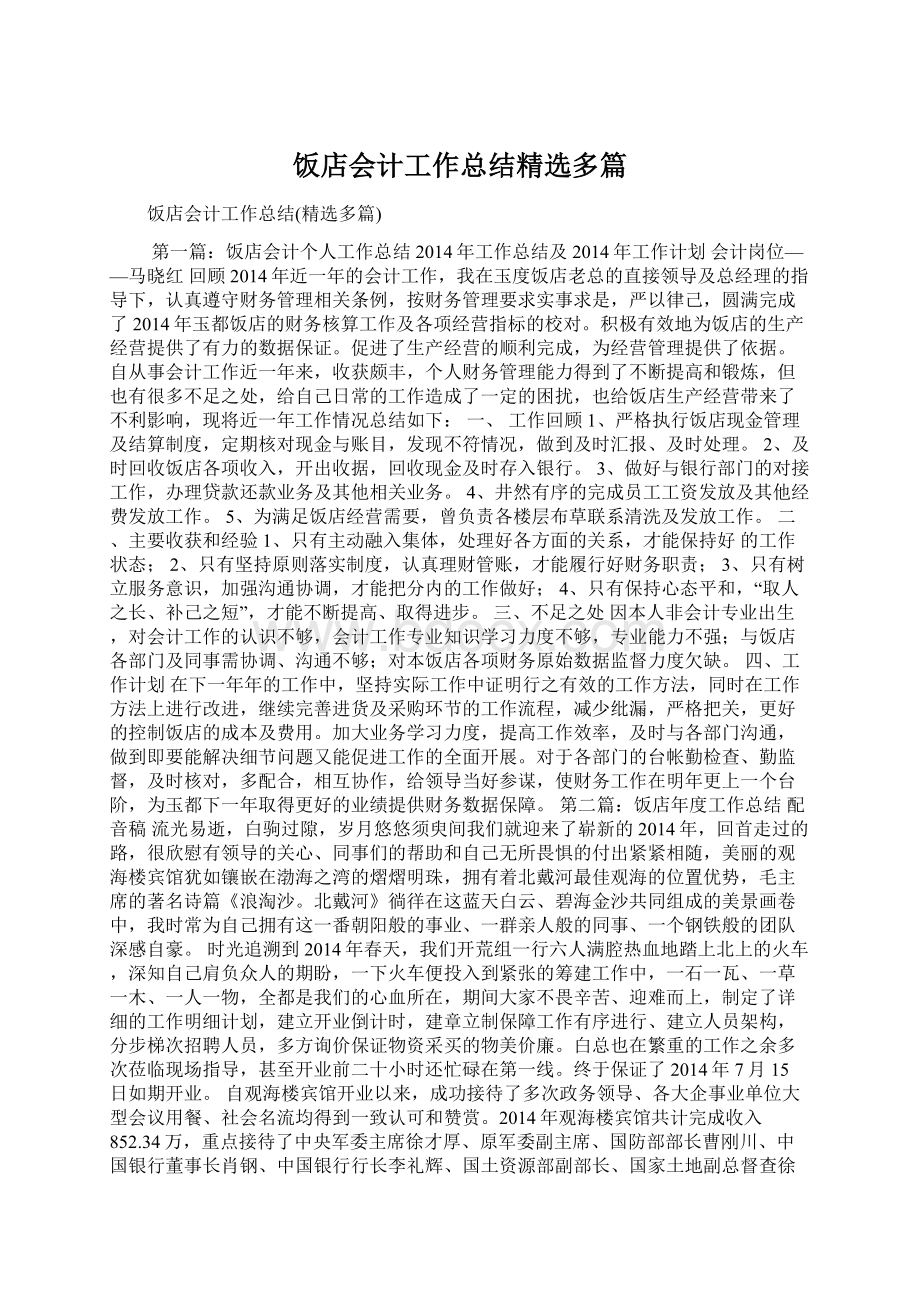 饭店会计工作总结精选多篇Word文件下载.docx_第1页