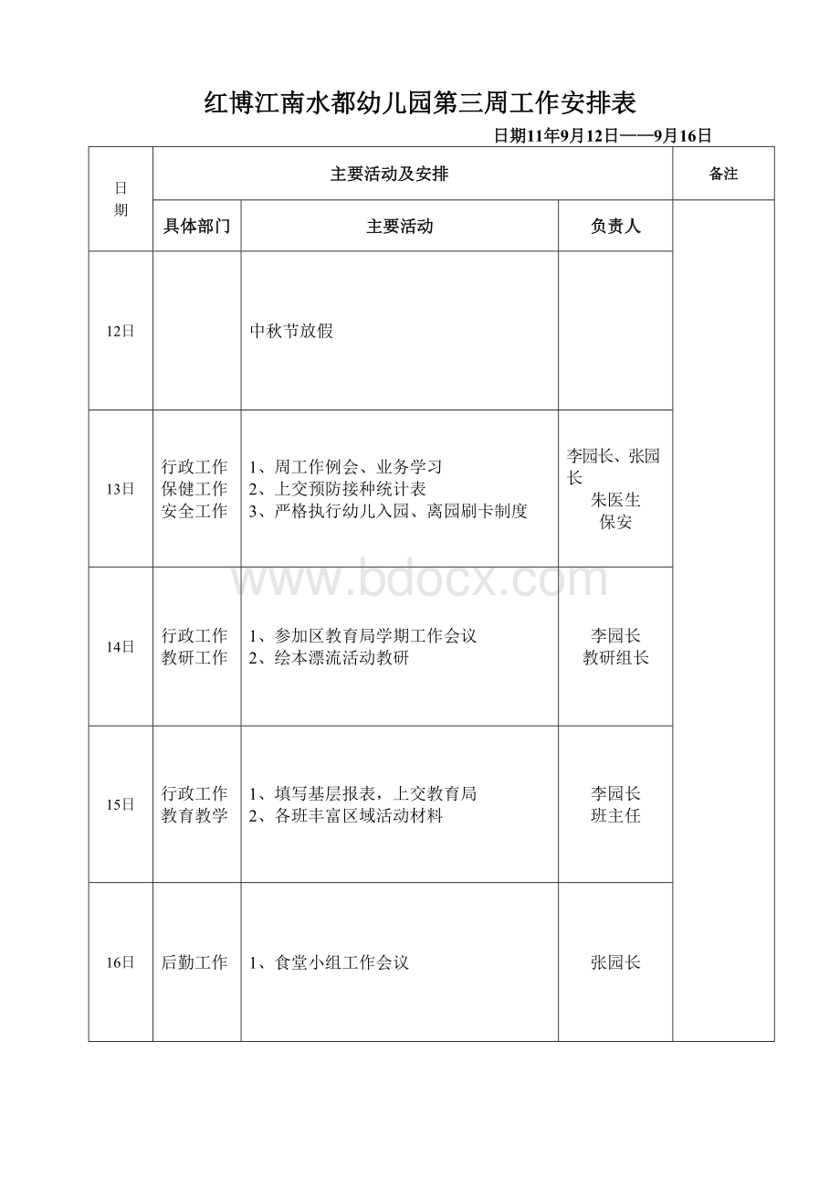 幼儿园周工作安排表Word文件下载.doc_第3页