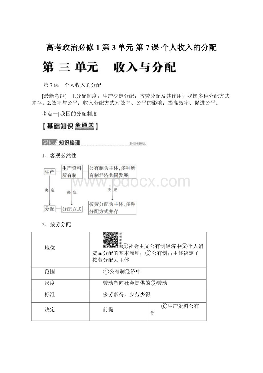 高考政治必修1 第3单元 第7课 个人收入的分配文档格式.docx_第1页