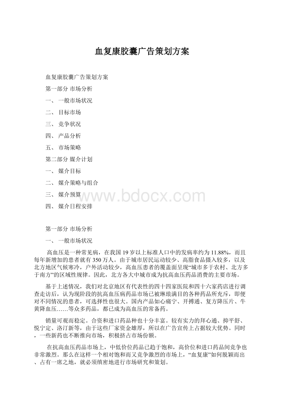 血复康胶囊广告策划方案Word格式文档下载.docx_第1页