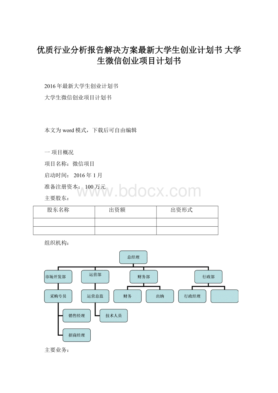 优质行业分析报告解决方案最新大学生创业计划书 大学生微信创业项目计划书Word格式文档下载.docx