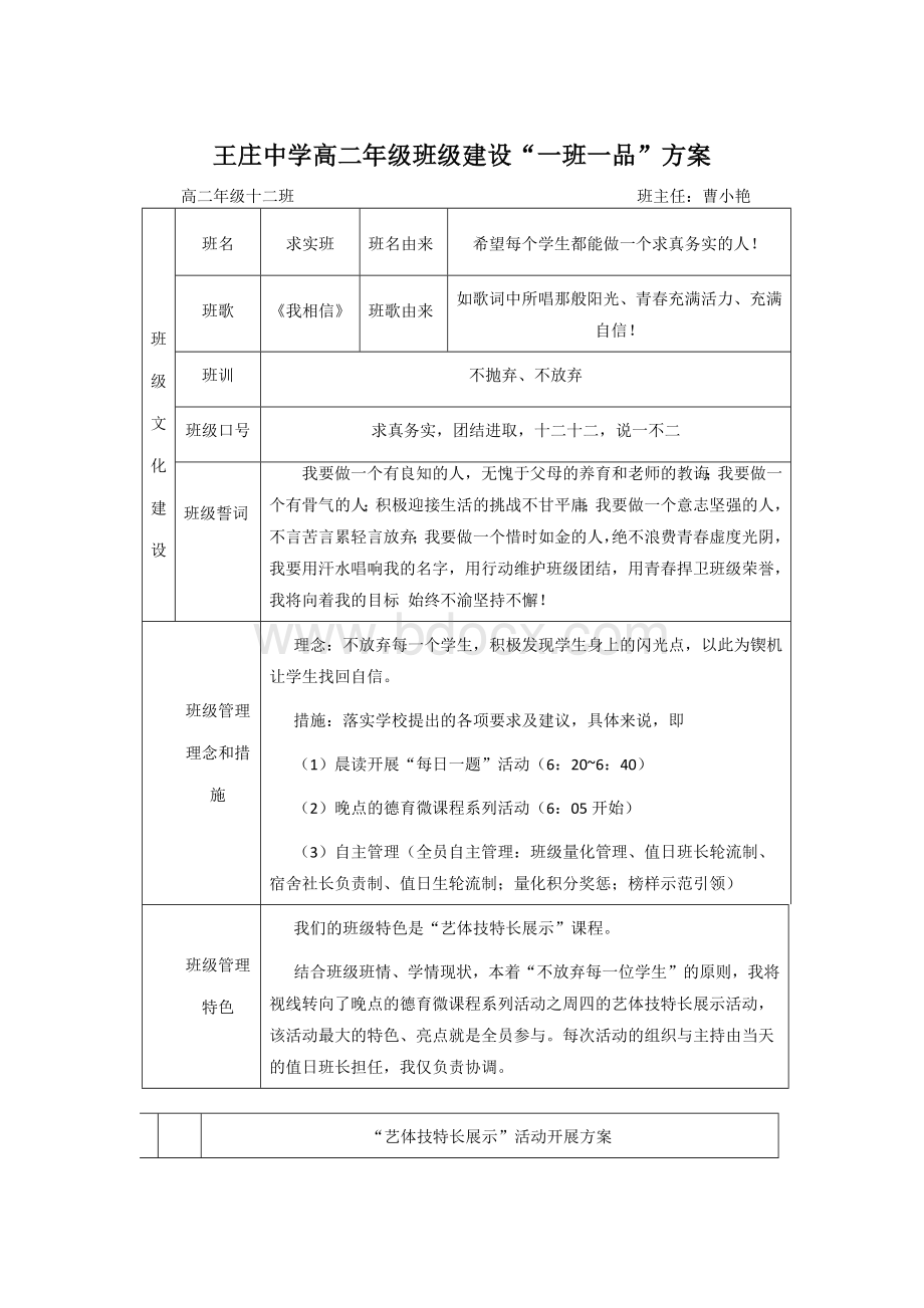 高二.十二班“一班一品”班级文化建设方案Word文档下载推荐.docx