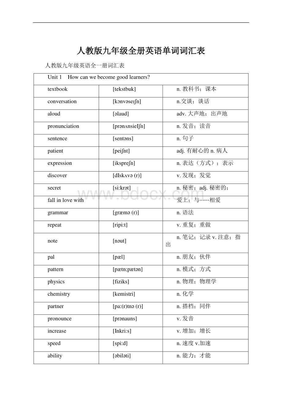 人教版九年级全册英语单词词汇表Word文档格式.docx