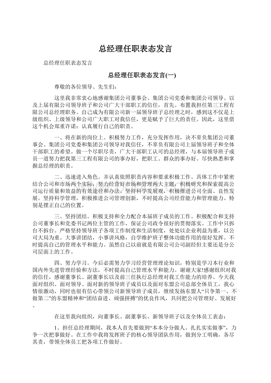 总经理任职表态发言Word格式文档下载.docx_第1页