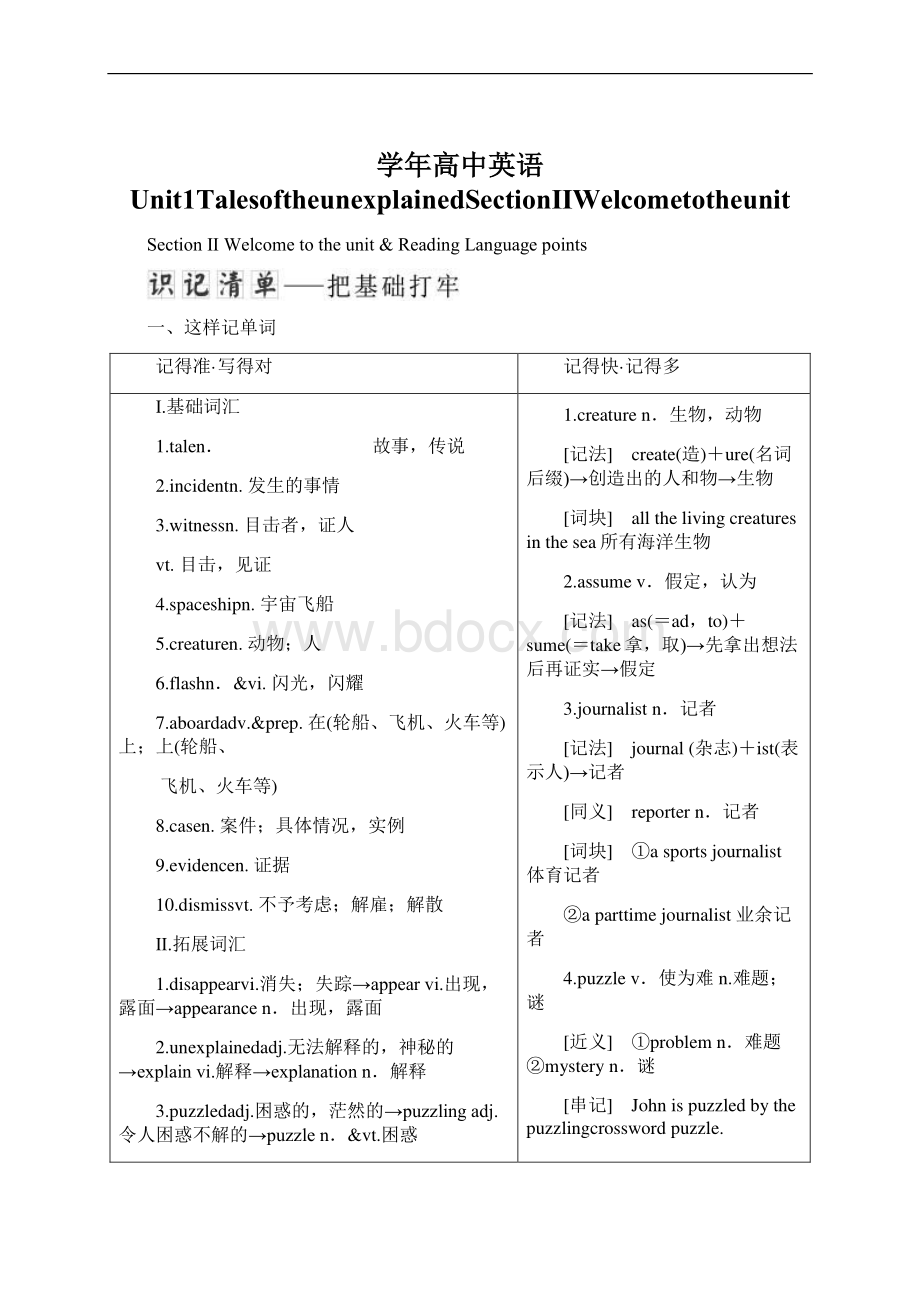 学年高中英语Unit1TalesoftheunexplainedSectionⅡWelcometotheunitWord格式文档下载.docx