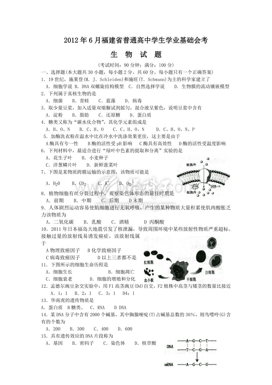 2012年6月福建省高中生物会考试题.doc_第1页