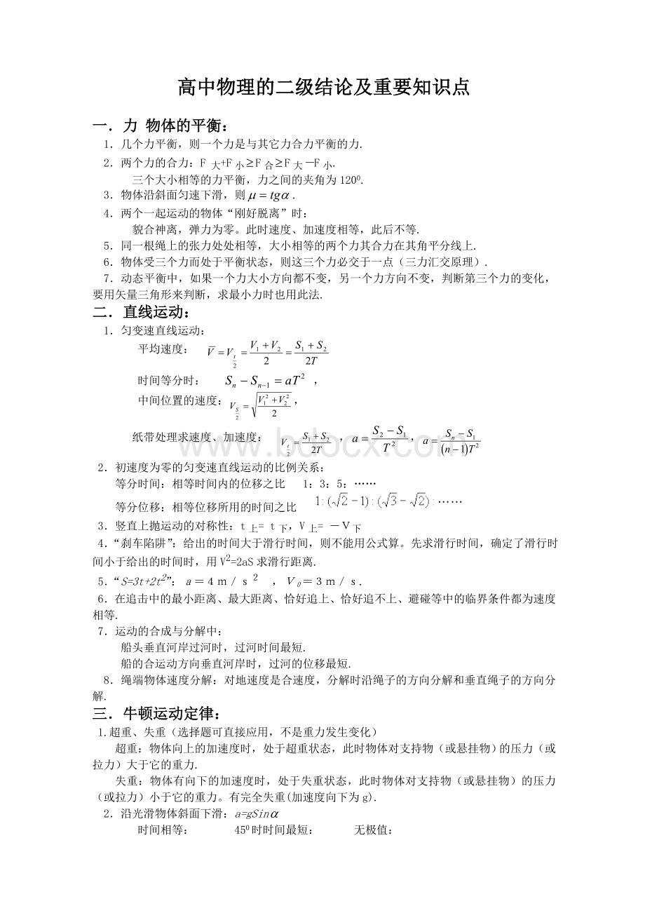 高中物理的二级结论及重要知识点总结文档格式.doc