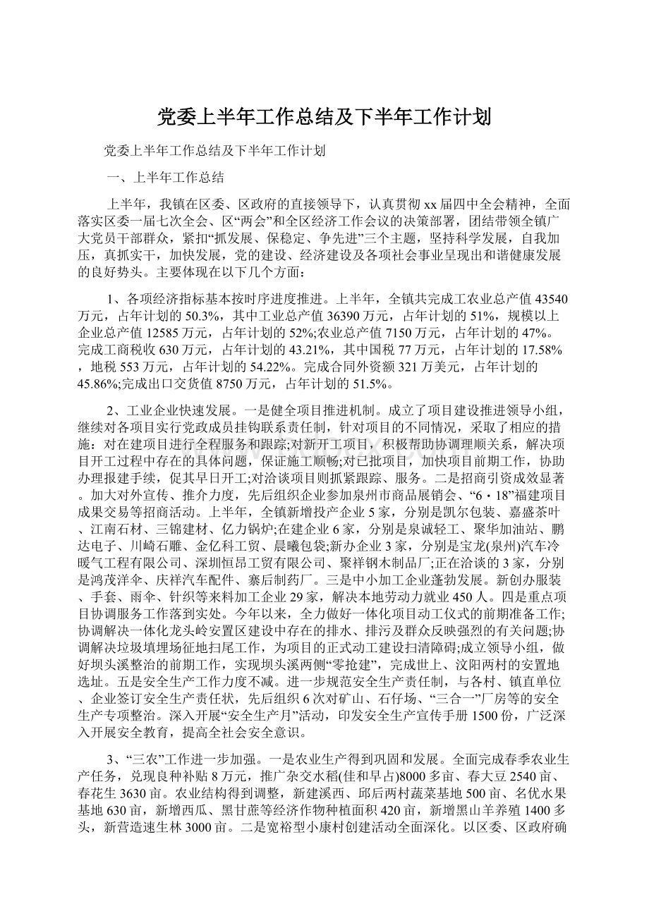 党委上半年工作总结及下半年工作计划Word格式文档下载.docx_第1页