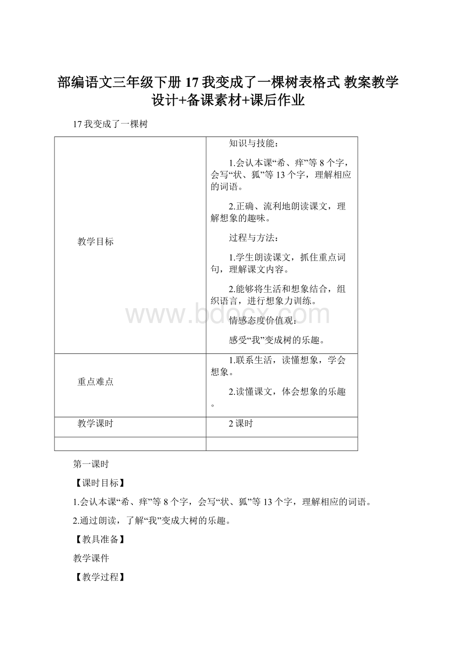 部编语文三年级下册17我变成了一棵树表格式 教案教学设计+备课素材+课后作业Word下载.docx