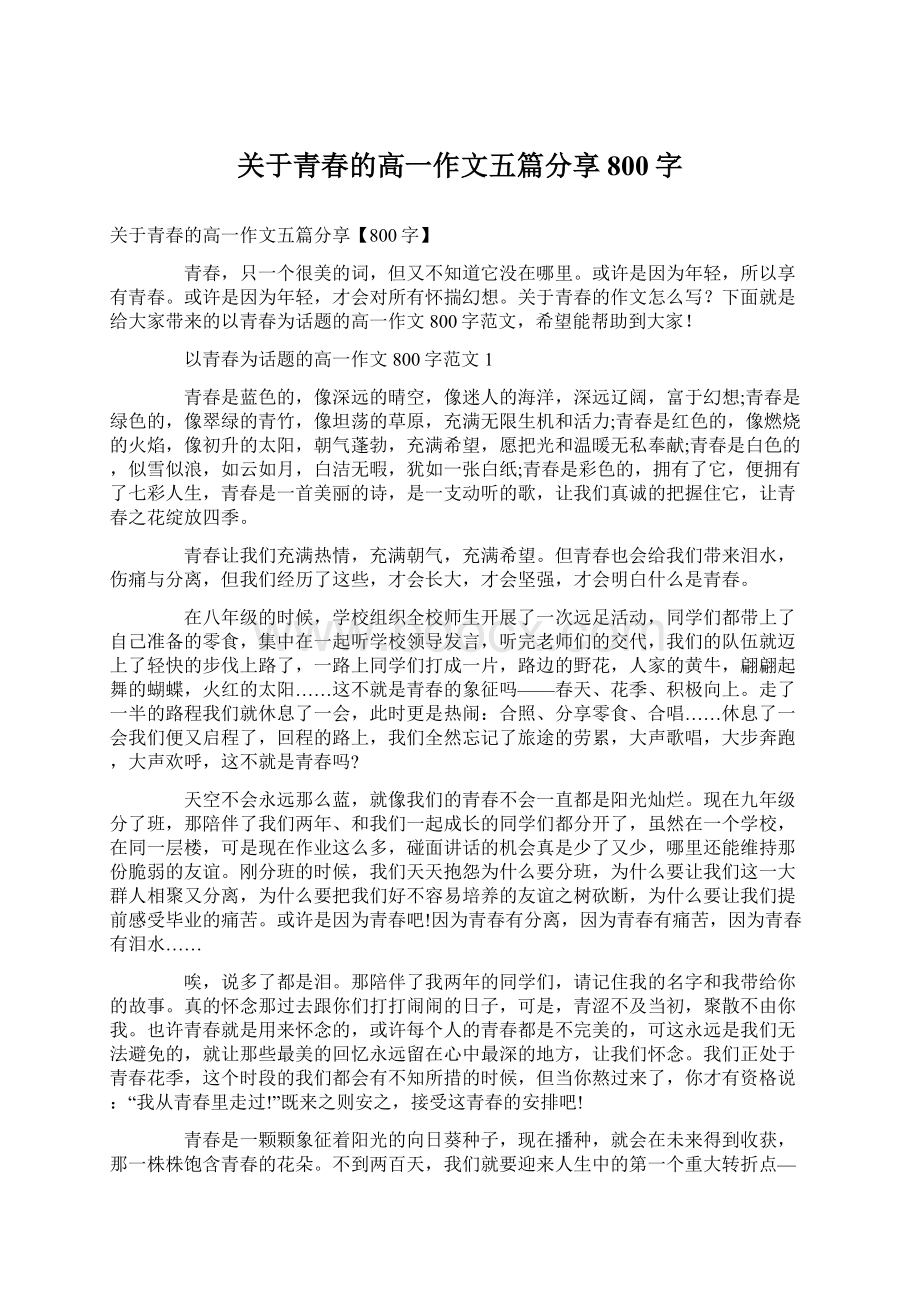 关于青春的高一作文五篇分享800字Word文档格式.docx