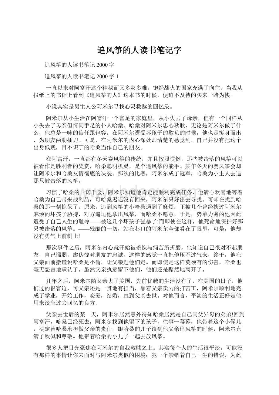 追风筝的人读书笔记字Word格式文档下载.docx