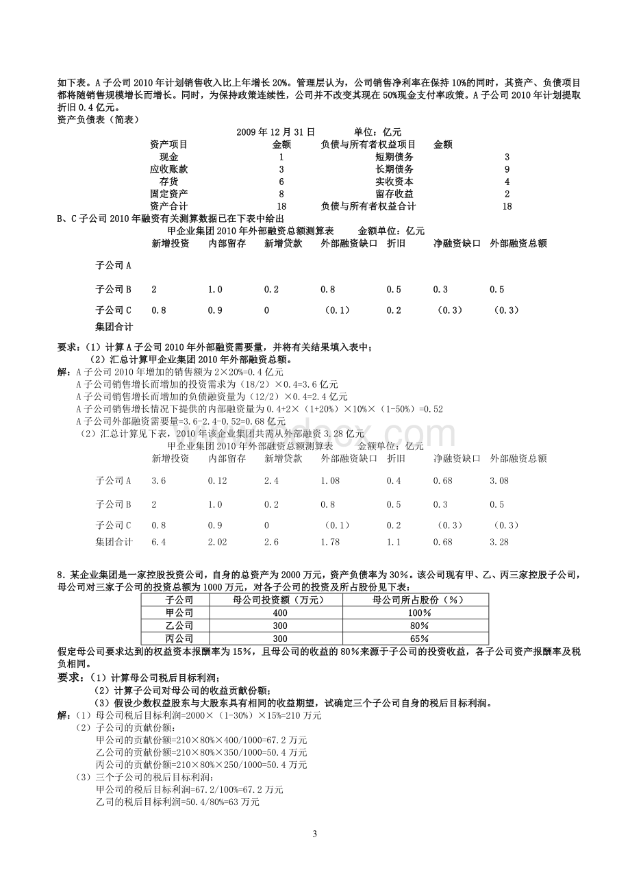 企业集团财务管理期末复习指导综合练习题(计算及分析题、理论要点题).doc_第3页