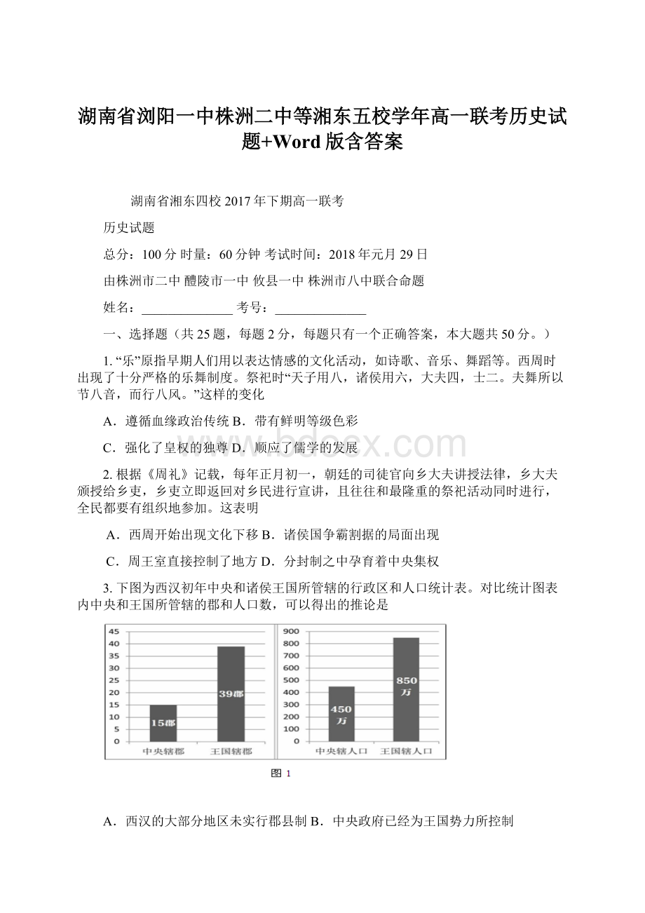 湖南省浏阳一中株洲二中等湘东五校学年高一联考历史试题+Word版含答案Word下载.docx_第1页