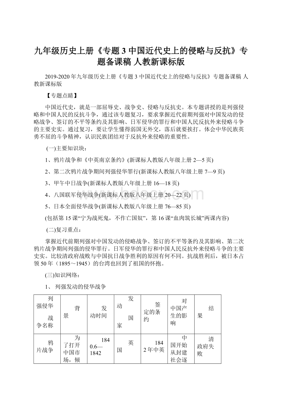 九年级历史上册《专题3 中国近代史上的侵略与反抗》专题备课稿 人教新课标版.docx