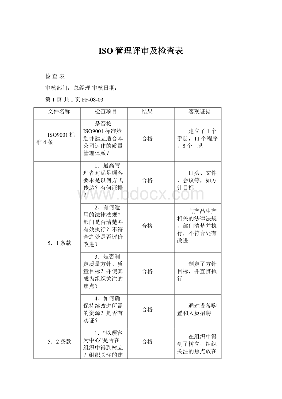 ISO管理评审及检查表Word文档格式.docx_第1页